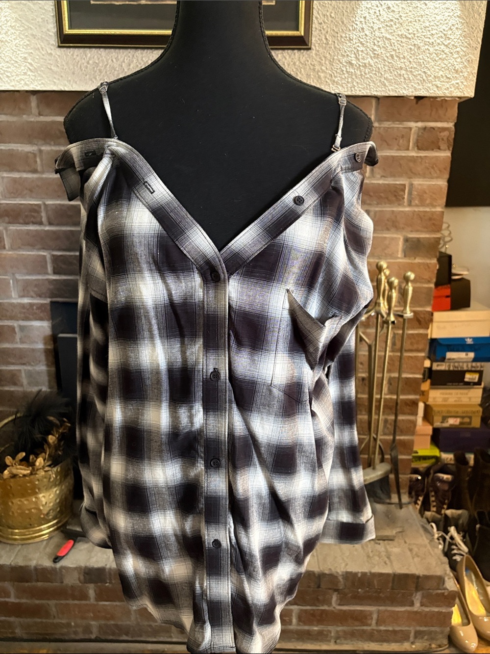 Bailey 44 Black and White Plaid Off-Shoulder Button-Down Shirt